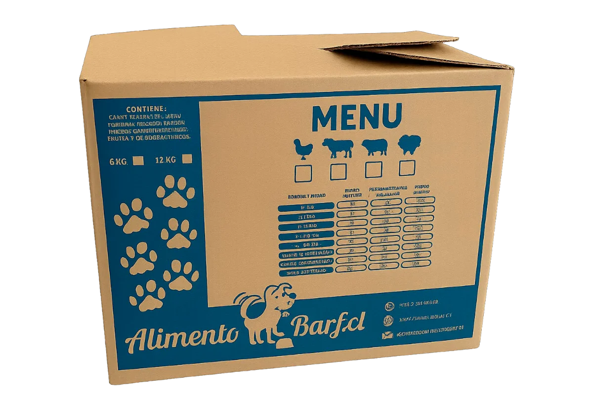 Caja de AlimentoBARF con raciones de comida natural congelada para perros