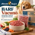 Caja y sachet de BARF Completo de Vacuno AlimentoBARF, comida natural congelada para perros