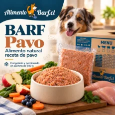 Caja y sachet de BARF Completo de Pavo AlimentoBARF, comida natural congelada para perros