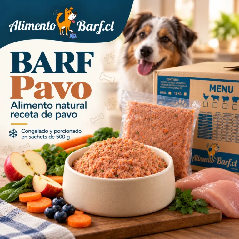 Caja y sachet de BARF Completo de Pavo AlimentoBARF, comida natural congelada para perros