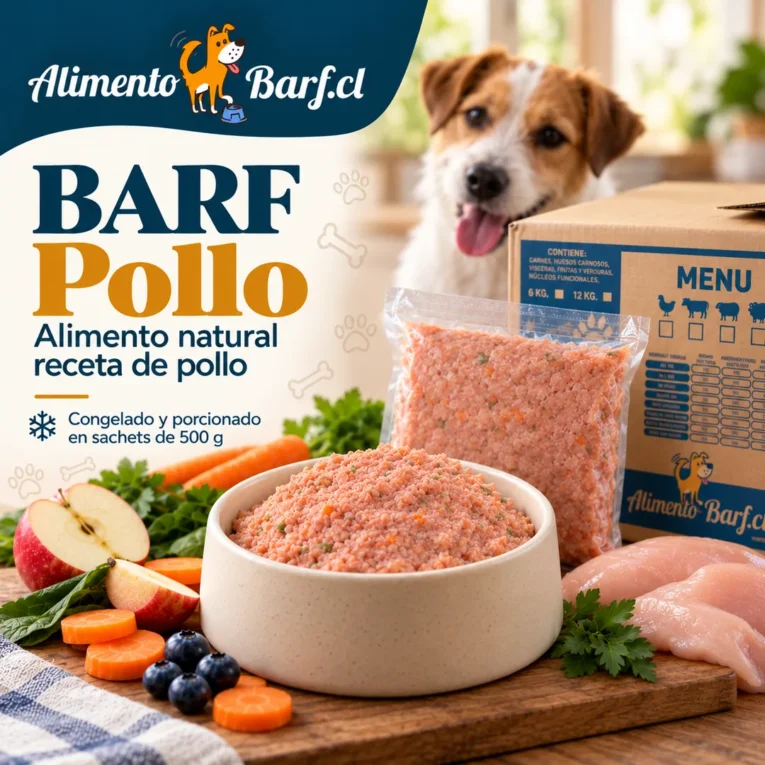 Caja y sachet de BARF Completo de Pollo AlimentoBARF, comida natural congelada para perros