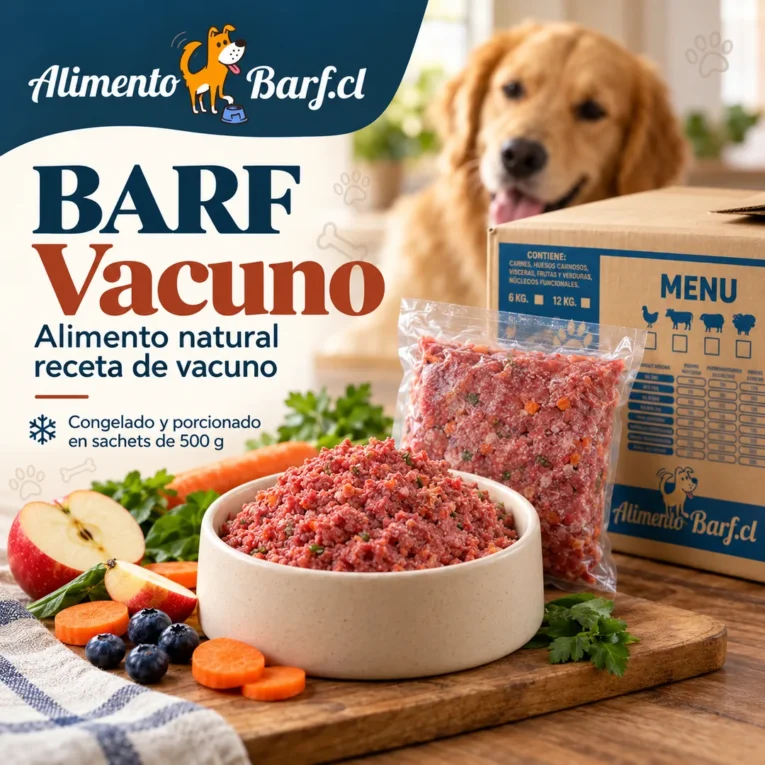 Caja y sachet de BARF Completo de Vacuno AlimentoBARF, comida natural congelada para perros